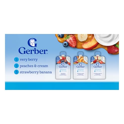 Gerber Baby Food Pouches, Very Berry (3), Peaches & Cream (2), Strawberry Banana (2), Value Pack, Fruit and Yogurt, Toddler, (3.5 oz each), (Pack of 9)