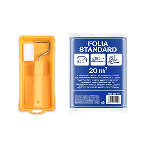 HARDY WORKING TOOLS A0180-114000 Paint Roller, Paint Tray, Protective Film and Paint Rollers Made of Foam, Pile Height 7 mm, Length 5.5 cm, Diameter 35 mm, White/Yellow