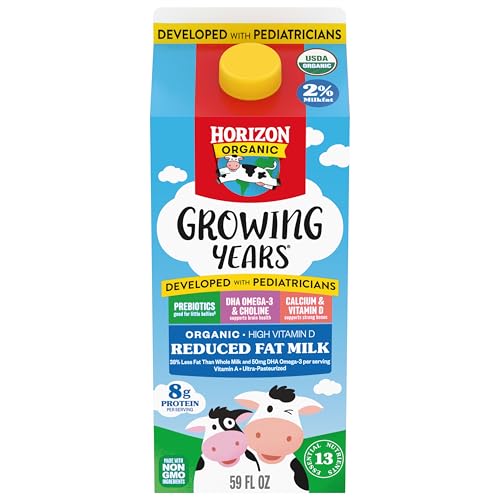 Horizon Organic Growing Years 2% Milk, High Vitamin D Reduced Fat Milk for Growing Kids with DHA Omega-3, Choline, and Prebiotics, 59 fl oz Carton​