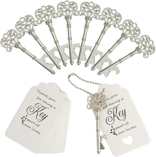 WODEGIFT 100 PCS Wedding Favors Bottle Opener,Wedding Gifts for Guest Vintage Skeleton Key Opener,Key Openers with Escort Tag Cards and Chains (Silver)