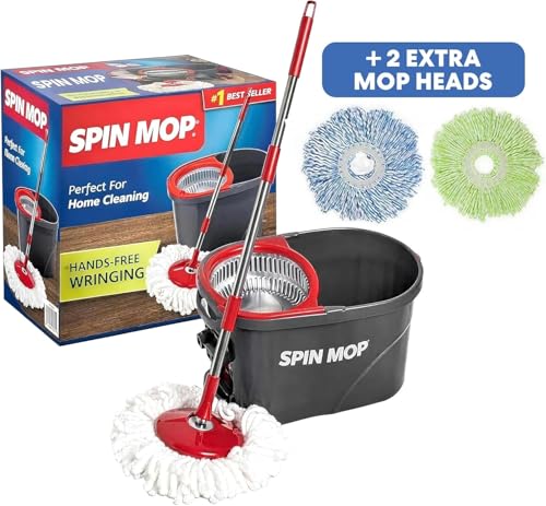 SIMPLI-MAGIC 79349 Spin Mop Cleaning System with 3 Microfiber Mop Heads, Red/GRAY,Red/Black