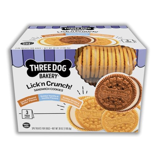 Three Dog Bakery Lick'n Crunch Sandwich Cookies Premium Dog Treats with No Artificial Flavors, Carob/Peanut Butter, Golden/Vanilla, 39 Ounces (Pack of 1)