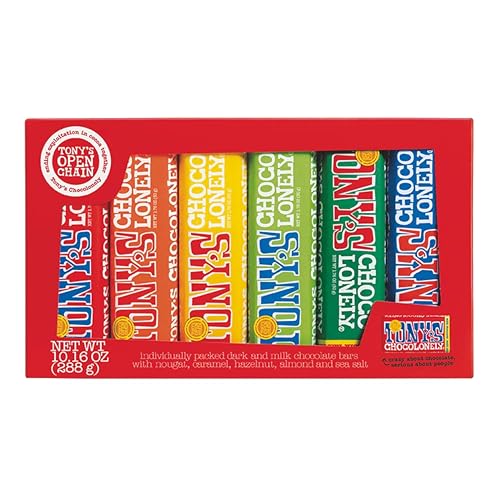 Tony’s Chocolonely Rainbow Chocolate Candy Bar Variety Pack, Belgian Dark & Milk Chocolate With Sea Salt, Caramel, Almond, Hazelnut, & Nougat, Made From Quality Fairtrade Cocoa, 6 Bars, 10.16 Oz