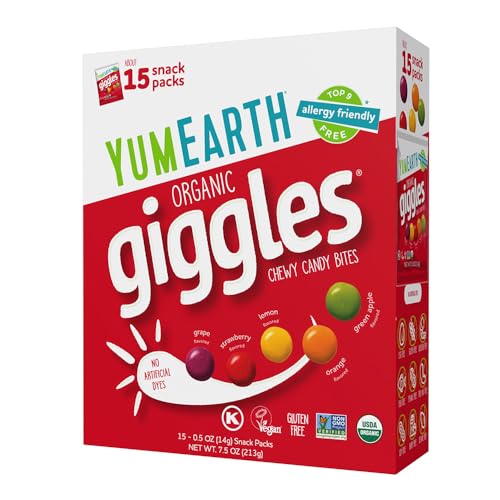 YumEarth Organic Giggles Chewy Candy – Allergy Friendly, No Artificial Dyes, Non GMO, Gluten Free, Fruit Flavored, Vegan Candy Snacks with No Artificial Flavors, 0.5 oz (Box of 15)​