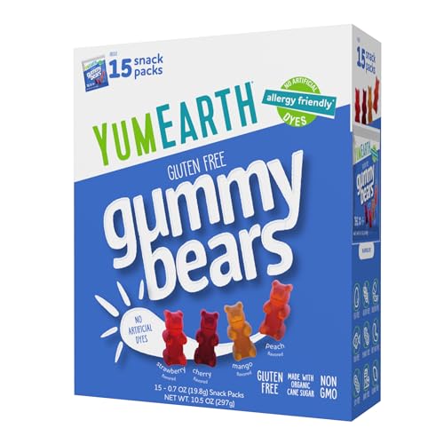 YumEarth Organic Gummy Bears - Fruity Gummy Candy Snack Packs, Gluten Free Snacks for Kids - Allergy Friendly, Non-GMO, No Artificial Flavors or Dyes - Assorted Flavors, 0.7 Oz - 15 Count (Pack of 1)