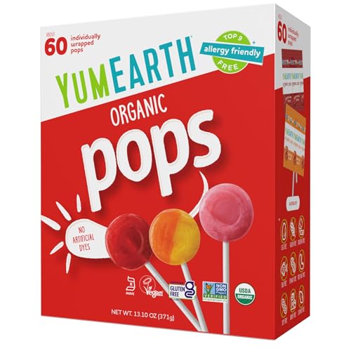 YumEarth Organic Pops Variety Pack, 60 Fruit Flavored Favorites Lollipops, Allergy Friendly, Gluten Free, Non-GMO, Vegan, No Artificial Flavors or Dyes