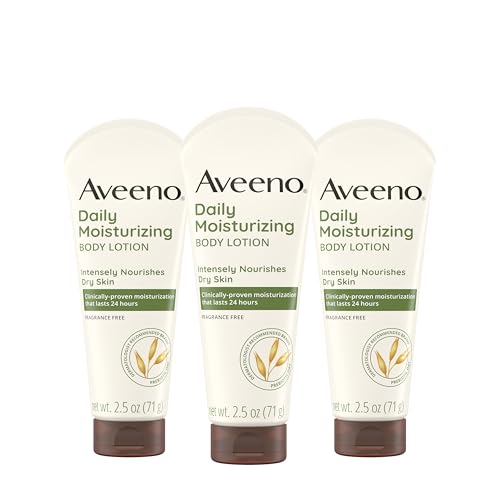 Aveeno Daily Moisturizing Body Lotion, Gentle Lotion Nourishes Dry Skin with Moisture, Sooth-ing Prebiotic Oat, Fragrance-Free, Non-Comedogenic, Travel-Size, 2.5 fl. oz, 3 Pack