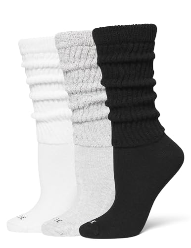 HUE Women's Slouch Socks 3 Pair Pack, White/Light Charcoal Heather/Black, One Size