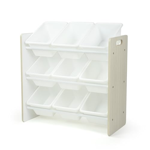 Humble Crew Toy Storage Organizer with 9 Removable Storage Bins for Kids Playroom, 3-Tier Toddler Toy Organization, Light Wood/White