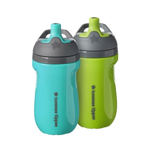 Tommee Tippee Insulated Sportee Bottle, for 12m+, 9oz, Pack of 2 Non-Spill Toddler Water Bottles, Green and Teal, with Two-Piece Valve to Help Stop Spills, Bite-Resistant Spout and Easy-Hold Handle