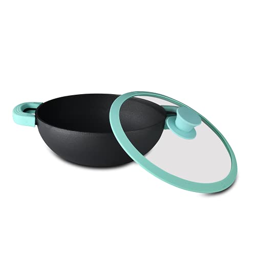 Elements Pre-Seasoned Cast Iron 23 cm Kadai with Glass Lid, 2.8 Liters Loha Kadhai with Silicon Handle Sleeves, Oven Safe, Even Heat Distribution, Ind