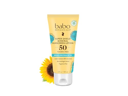 Babo Botanicals Sheer Mineral Sunscreen Lotion SPF 50 with 100% Mineral Active Ingredients for Babies, Kids or Extra Sensitive Skin, Lightweight, Water Resistant & Fragrance Free, Multicolor, Unscented, 3 Fl Oz