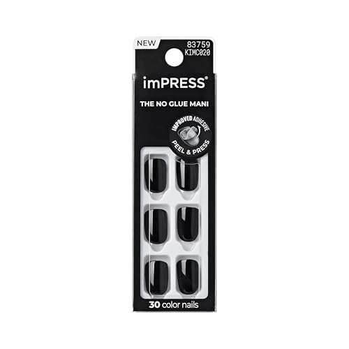 KISS imPRESS No Glue Mani Press On Nails, , 'All Black', Black, Short Size, Squoval Shape, Includes 30 Nails, Prep Pad, Instructions Sheet, 1 Manicure Stick, 1 Mini File