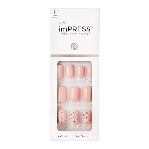 KISS imPRESS No Glue Mani Press On Nails, Design, 'Petite Secrets', Pink, Petite Size, Squoval Shape, Includes 30 Nails, Prep Pad, Instructions Sheet, 1 Manicure Stick, 1 Mini File