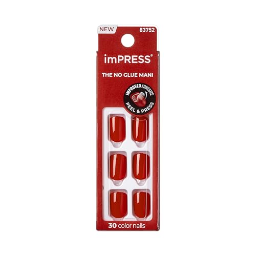 KISS imPRESS Color Polish-Free Solid Color Press-On Nails, PureFit Technology, Short Length, 'Reddy or Not', Includes Prep Pad, Mini Nail File, Cuticle Stick and 30 Fake Nails