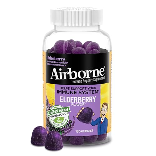 Airborne Elderberry + Zinc & Vitamin C Gummies for Adults, Immune Support with Antioxidants Vitamins C, D & E, 130 Count, Elderberry Flavor