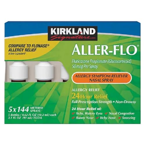 KIRKLAND Signature Aller-Flo Fluticasone Propionate (Glucorticoid) 5 Bottles x 120 Metered Sprays 0.54 Fl OZ per Bottle (15.8 mL x 5) 2.70 OZ Total (79 mL Total) 600 Total Sprays Total, 1-Pack