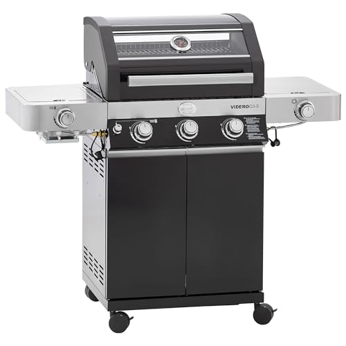 RÖSLE Gasgrill BBQ-Station VIDERO G3-S Schwarz, Grill mit 3 Edelstahlbrennern, extra Primezone und Seitenbrenner, klappbare Seitentische, VARIO+, pulv
