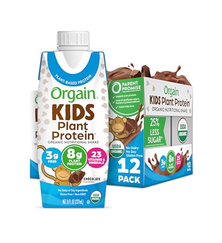 Orgain Organic Kids Nutritional Vegan Protein Shake, Chocolate - Healthy Kids Snacks, 8g Plant Protein, 23 Vitamins & Minerals, 3g Fiber, No Dairy & Soy, Non-GMO, 8 Fl Oz (12 Pack) Package May Vary