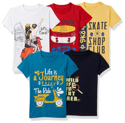 T2F Boys Cotton Regular fit T-Shirts Pack of 5 |Soft Cotton Breathable Fabric | Half Sleeve Round Neck | Casual Wear Combo | Kids Clothing