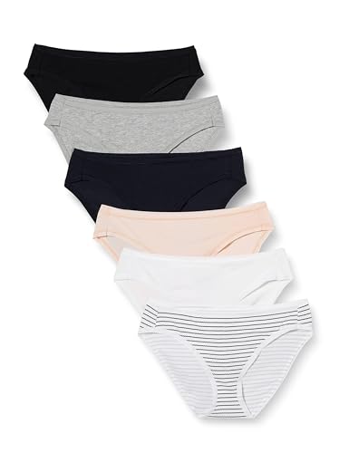 Amazon Essentials Women's Cotton Bikini Brief Underwear (Available in Plus Size), Pack of 6, Multicolor/Heather/Stripe, Large