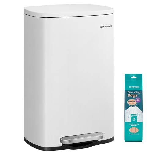 SONGMICS 13 Gallon (50 L) Trash Can, Stainless Steel Kitchen Garbage Can, Recycling or Waste Bin, Soft Close, Step-On Pedal, Removable Inner Bucket, White ULTB050W01