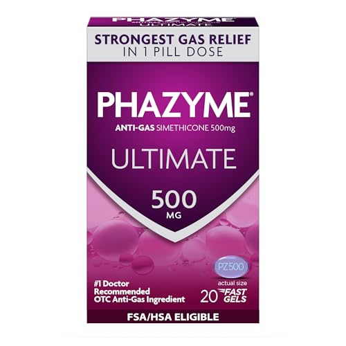 Phazyme Ultimate Strength Anti-Gas 500 mg Simethicone Gas Relief for Adults, Fast Gels Quickly Ease Bloating, Pressure and Discomfort, 20 Count