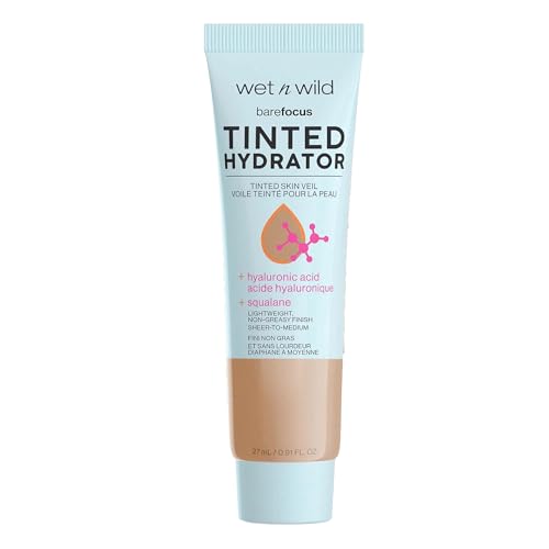 wet n wild Bare Focus Tinted Hydrator Tinted Skin Veil, Lightweight Buildable Coverage with Hyaluronic Acid & Vegan Squalane, Semi-Matte Finish, Cruelty-Free - Medium Tan