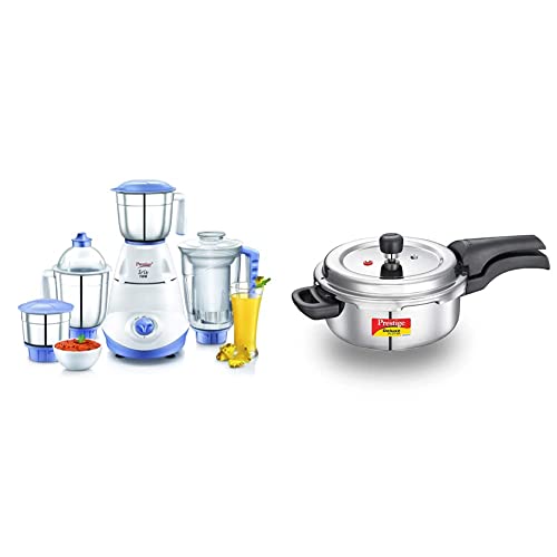 Iris 750 Watt Mixer Grinder with 3 Stainless Steel Jar + 1 Juicer Jar (White and Blue) + Prestige Svachh Deluxe Alpha 3.0 Litre Stainless Steel Pressu