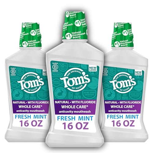 Tom's Of Maine Whole Care Natural Fluoride Mouthwash, Fresh Mint, 16 Oz (Pack of 3) (Packaging May Vary)