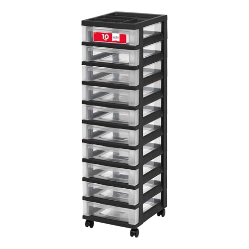 IRIS USA Plastic Drawer Storage Organizer Rolling Cart with Wheels Casters 10-Drawers for Classroom Art Craft Supplies Dresser Closet Bathroom Laundry Room Black/Clear