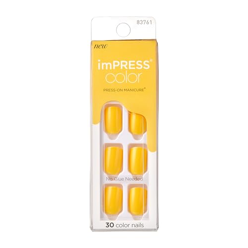 KISS imPRESS No Glue Mani Press On Nails, Color, 'YOLO', Yellow, Short Size, Squoval Shape, Includes 30 Nails, Prep Pad, Instructions Sheet, 1 Manicure Stick, 1 Mini File