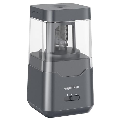 Amazon Basics Portable Electric Pencil Sharpener, Helical Blade, Auto Stop, Battery/USB Cord Operated, Black, 2.87 x 2.87 x 5.3 in