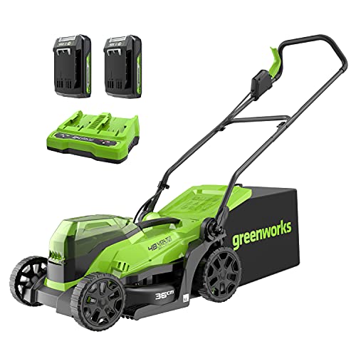 (-13%) Greenworks 48V (24V x 2) Akku-Rasenmäher 36cm Schnittbreite bis zu 200m² 40L Grasfangkorb mit 2x 24V 2Ah Akku und Doppelsteckplatz-Ladegerät, 3 Jahre Garantie,GD24X2LM36K2x