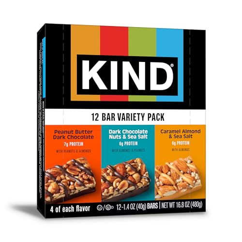 KIND Nut Bars, Variety Pack, Dark Chocolate Nuts & Sea Salt, Peanut Butter Dark Chocolate, and Caramel Almond Sea Salt, Gluten Free, Low Sugar, 5-7g Protein, 12 Count