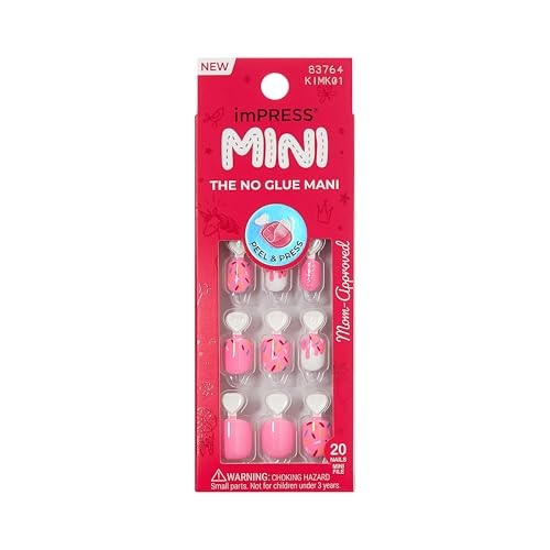 KISS imPRESS No Glue Mani Press On Nails, Mini Press-On Manicure for Kids, 'Super Duper', Pink, Kids Size, Squoval Shape, Includes 20 Fake Nails with Removable Application Tabs, 1 Mini File