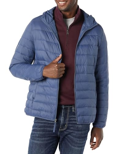 Amazon Essentials Men's Lightweight Water-Resistant Packable Hooded Puffer Jacket, Indigo, Large