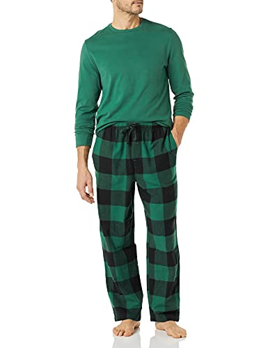 Amazon Essentials Men's Flannel Pant and Long-Sleeve T-Shirt Pajama Set, Green/Buffalo Plaid, Medium