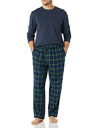 Amazon Essentials Men's Flannel Pant and Long-Sleeve T-Shirt Pajama Set, Navy/Tartan, X-Large