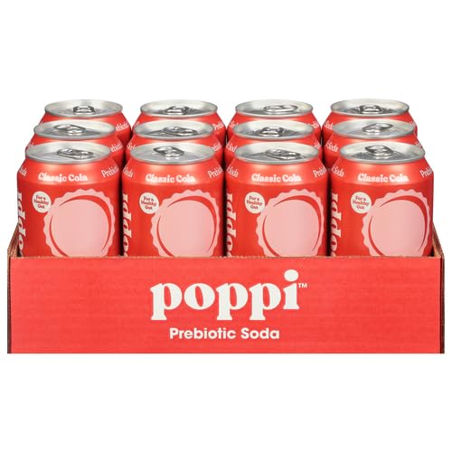 Poppi Sparkling Prebiotic Soda Beverage with Apple Cider Vinegar, Seltzer Water and Fruit Juice, Classic Cola Flavor, 12 oz, Pack of 12, Packaging May Vary