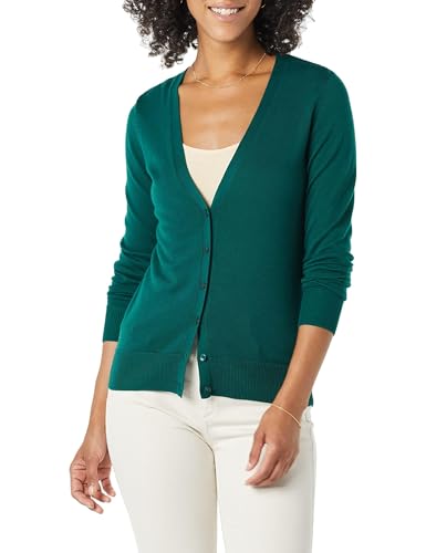 Amazon Essentials Women's Lightweight V-Neck Cardigan Sweater (Available in Plus Size), Dark Green, Small