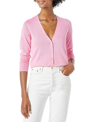 Amazon Essentials Women's Lightweight V-Neck Cardigan Sweater (Available in Plus Size), Pink, Large