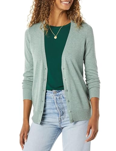 Amazon Essentials Women's Lightweight V-Neck Cardigan Sweater (Available in Plus Size), Sage Green Heather, Large