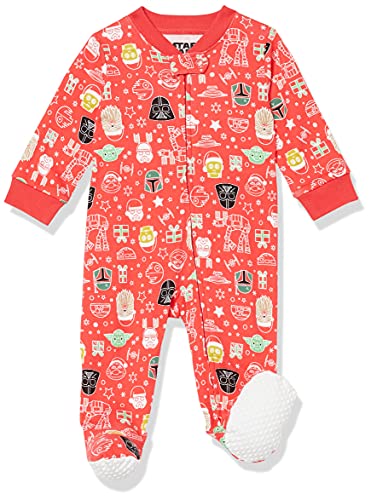 Amazon Essentials Disney | Marvel | Star Wars Unisex Babies' Snug-Fit Cotton Footed Pajamas, Star Wars Holiday - Sleep & Play, 3-6 Months
