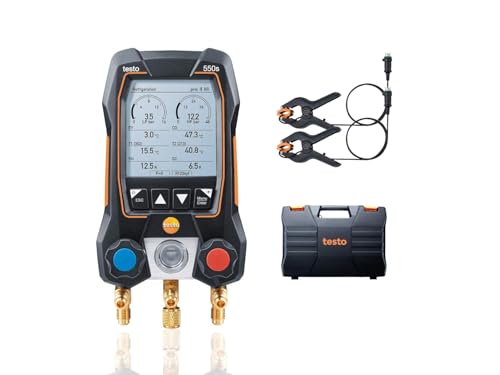 testo 550s AC Manifold Gauge Set – Manifold Gauges Hvac and Refrigeration – Incl. 2 Wired Temperature Clamp Probes – AC Recharge Kit with superheat, subcooling and Bluetooth