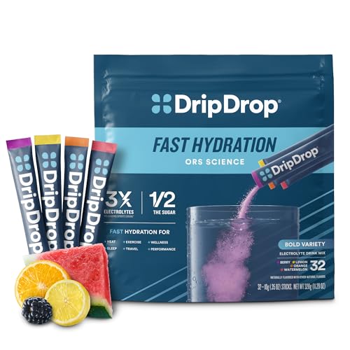 DripDrop Hydration Packets - Bold Variety Pack - Single Serve Electrolytes Powder Drink Mix - Watermelon, Berry, Lemon, Orange - Non-GMO, Gluten Free, Vegan - 32 Sticks