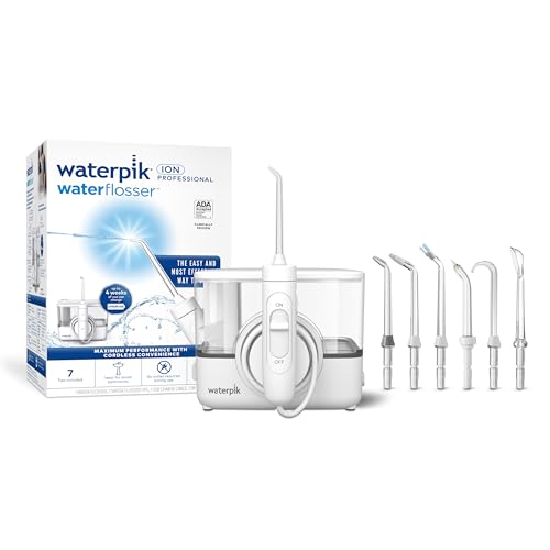 Waterpik ION Professional Water Flosser, Rechargeable and Portable for Teeth, Gums, Braces, 10 Settings, 7 Flossing Tips For Multiple Users And Needs, ADA Accepted, WF-12 White, Packaging May Vary