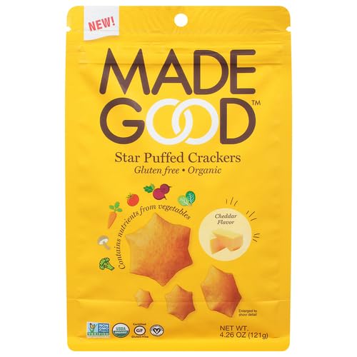 MadeGood Cheddar Star Puffed Crackers, 4.26oz Pouch, Organic Snacks