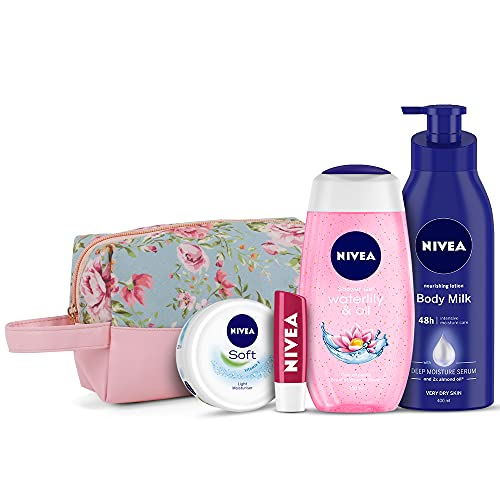 NIVEA Women Combo, Body Milk Nourishing Lotion 400 Ml, Waterlily & Oil Shower Gel 250 Ml, Soft Light Moisturizer 50 Ml, Cherr
