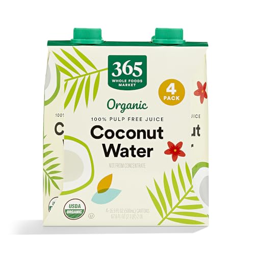 365 by Whole Foods Market, Organic Coconut Water, 100% Pulp-Free Juice, 16.9 Fl Oz per Carton, Pack of 4